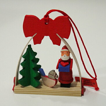 【クリスマス用品】Graupner:グラウプナー・赤いリボンのオーナメント・サンタと木馬［ Christmas：クリスマスオーナメント ］