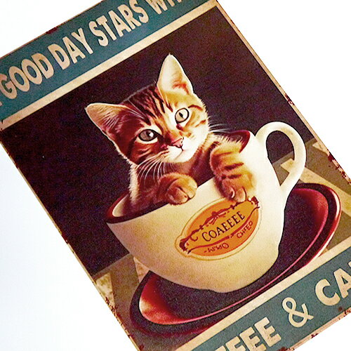 【ビンテージメタルティンサイン】コーヒーカップねこ