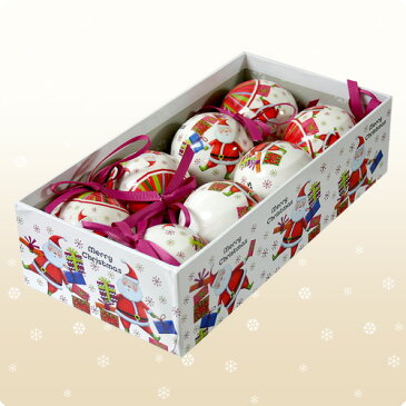 【クリスマス用品】[サンタ＆ギフトBOX]プリントシャイニーボール8個入りボックス［ Christmas：クリスマスオーナメント ］