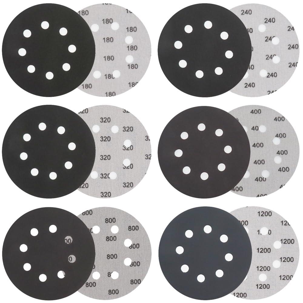 サンドペーパー 125mm サンダー用 乾湿両用 30枚セット 耐水サンドペーパー 丸型 8穴設計 紙やすり 木材研磨/金属錆取り/自動車研磨/卓上研磨/宝石研磨 DIY作業に （#180#240#320#400#800#1200 各5枚）