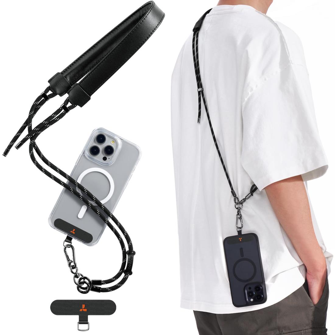 [TORRAS] 【幅広レザー・負担が少なく快適】 スマホストラップ スマホ ショルダーストラップ 首掛け 幅広レザー 長さ調節可能 タグパッチ2枚入り ネックストラップ ショルダー スマホ/iPhone 全機種対応 斜め掛け LoopGo ブラック