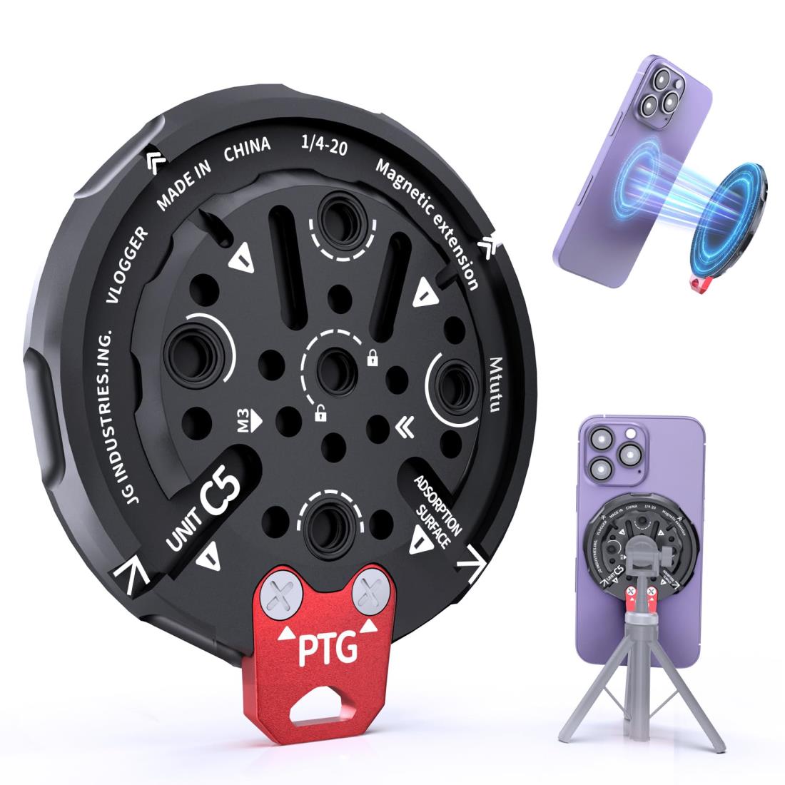 C5 スマホホルダー 三脚用 マグネット式スマホホルダー スマホ三脚マウントアダプター 1/4"ネジ穴 五個 磁力再進化 マグネットリング1枚付き