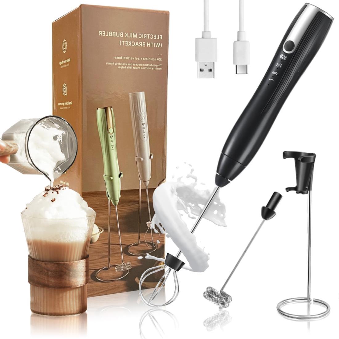 Elegirme 泡立て器 電動 ミルクフォーマー＆ホイッパー 2種類のシャフト付き/3段階スピード調整/USB-C充電式/コードレス/取扱簡単/専用スタンド付き 小型 静音 コーヒー カプチーノ 卵 生クリーム メレンゲ クリーマー ハンドミキサー 日本語説明書付き - ブラック