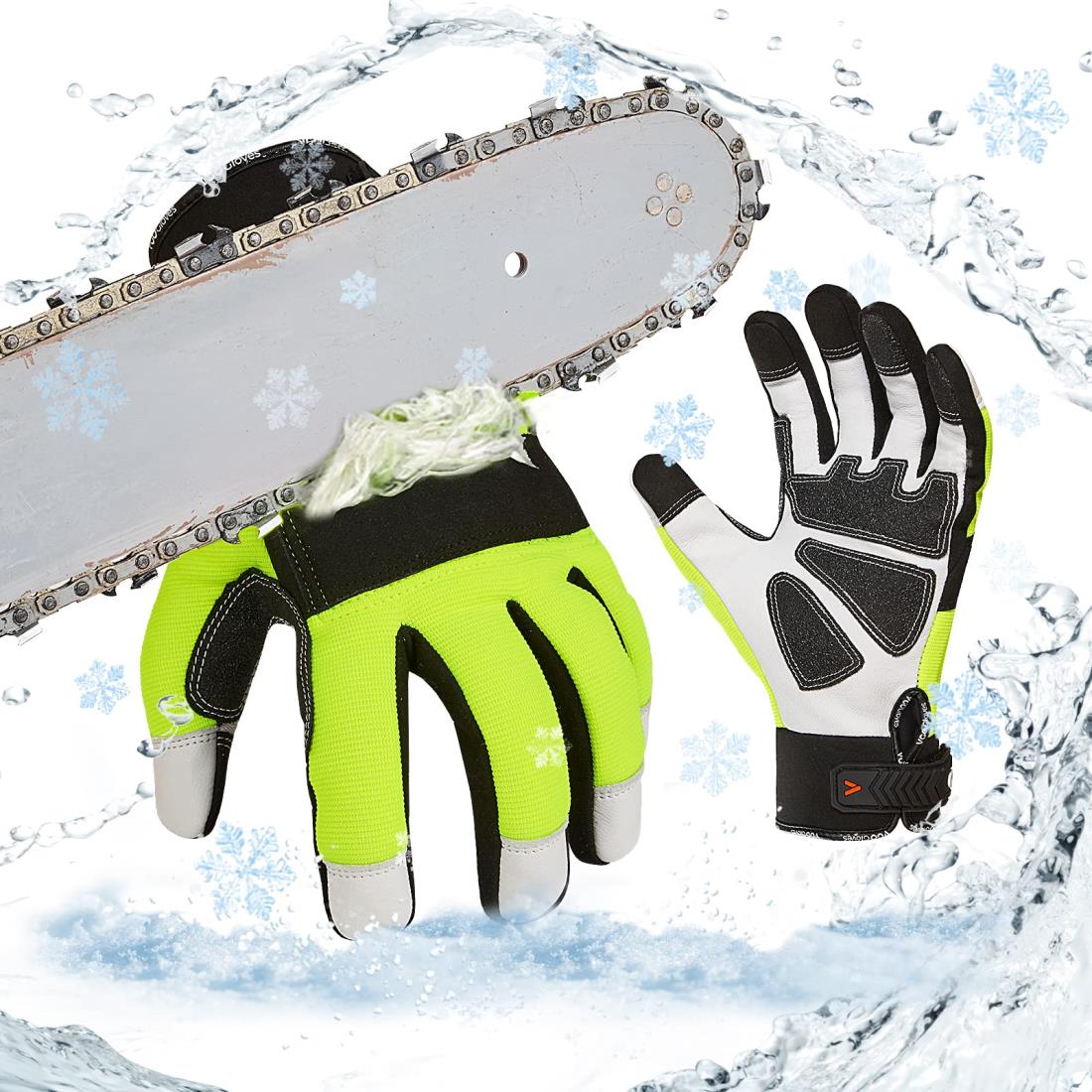 [Vgo...] 0℃or0℃以上 防寒用手袋 メカニックグローブ チェーンソー手袋 防振手袋 メカニックグローブ 掌当て付き 羊革 作業手袋 皮手袋 振動緩和 滑り止め 林業 伐採 防護用 草刈り チェーンソー グローブ 左手の甲に12層チェーンソー止め布付き EN381-7規格·レベル1 (1双