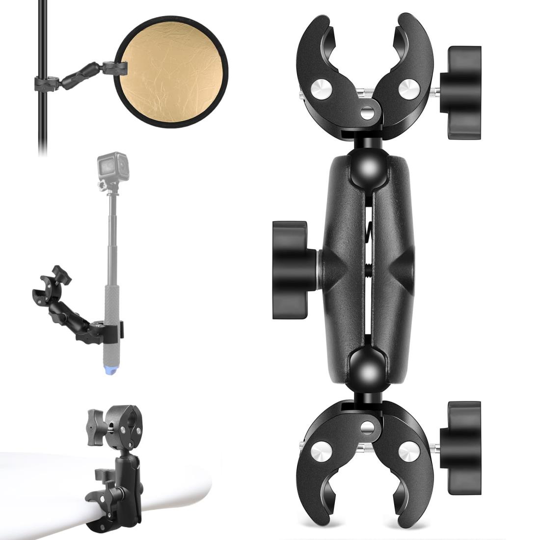 PULUZ ダブルスーパークランプマウント インスタ360用バイククランプマウント ボールヘッド 360度回転 カメラダブルクランプ バイククリップマウント 強力固定 インスタ360用クリップマウント 自転車/アクションカメラ/自撮り棒用スーパーダブルクランプ 傘 固定ダブルクラン