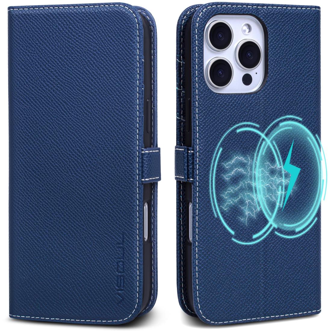VISOUL iPhone16Pro 対応ケース 手帳型 本革 アイフォン16プロ 手帳型ケース MagSafe対応 スマホケース サイドマグネット型 携帯ケース iphone16 Pro レザーケース 横置きスタンド カード収納 全面保護 柔軟なTPU素材 アイホン16 Pro ネイビー