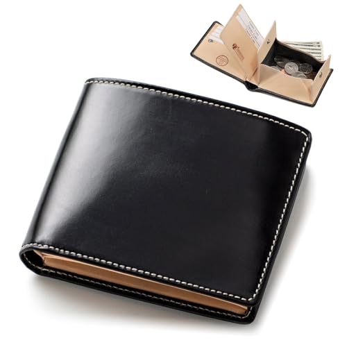 [ブリティッシュグリーン] 二つ折り財布 英国製ブライドルレザー使用 財布 メンズ (01.ブラック)