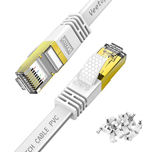 5m Veetop LANケーブル CAT8 カテゴリ8 フラット 有線らんけーぶる WiFiケーブル 接続安定 RJ45 爪折れ防止 超高速 40Gbps 2000MHz 26AWG 二重シールド 屋内 屋外 パソコン ルーター PS4 PS5 Xbox等に対応 (5M, ホワイト)