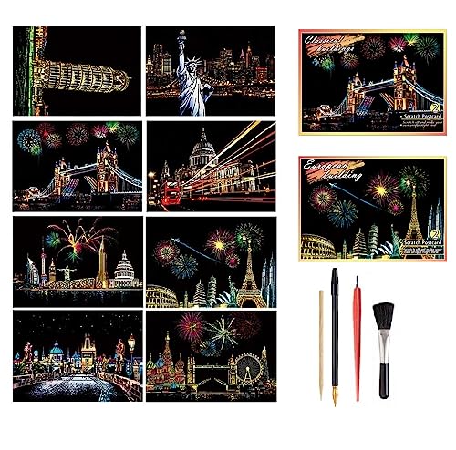 Rakuten - 8枚入り スクラッチアート はがきタイプ 削るだけで美しいアート 面白い塗り絵 桜 花火 世界の夜景 有名な観光地 DIY 手作り 虹絵 スクラッチ極細ペン付き プレゼント 部屋飾り 20*14cm (世界有名な観光地 8枚入)