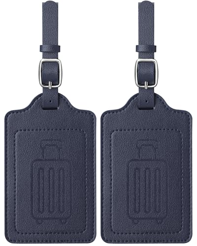 Teskyer 荷物タグ PUレザー スーツケースタグ 出張用タグ 番号札 バッグ用ネームタグ 旅行タグ トラベル用 旅行手荷物 ラベル 紛失防止 2枚入り（ネイビー）