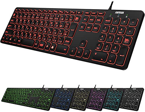 Arteck USB 有線 ワイヤー キーボード 7色バックライト搭載 明るさ変更 フルサイズ 6フィート（約1.8メ..