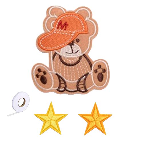 【Za-Bi (ザ-ビ) 】刺繍 アイロン接着 ワッペン アップリケ 「 帽子をかぶったクマ＋星2個＋予備アイロ..