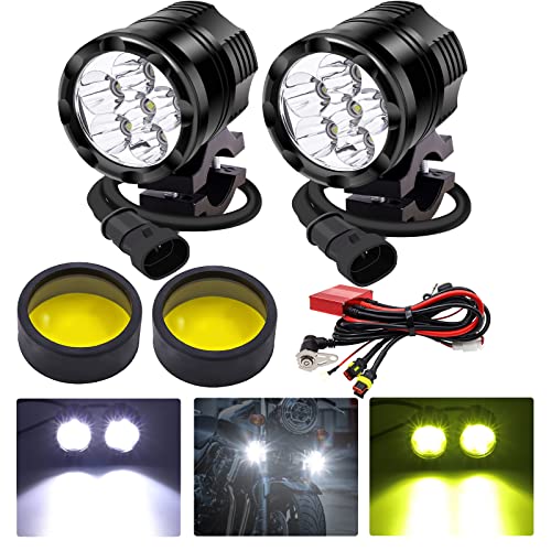 楽天FMONSTERX-STYLE バイク フォグランプ led ハーネスキット 2色 3モード切り替え 60W ヘッドライト 補助灯 12V 24V兼用 高輝度 防水 超長寿命 ワークライト スイッチ付き 2個入り （ホワイト+黄色いレンズ）