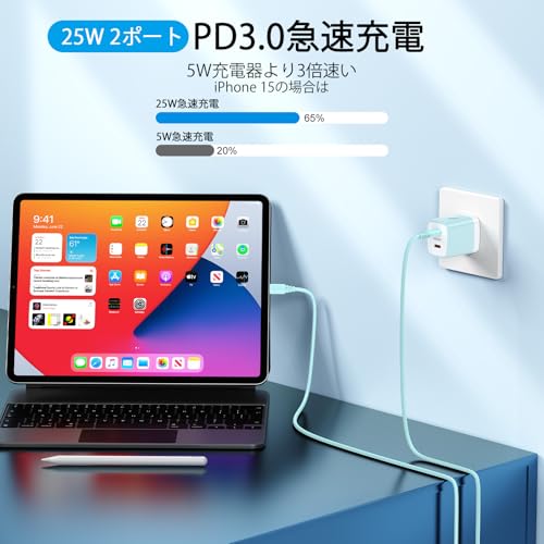 FMONSTERの急速充電器 Type-C充電器 タイプc充電器 2ポート 25W/3A PD3.0/PPS USB C-USB Cケーブル1本付き type c コンセント アンドロイド充電器 スマホ 充電器 iPhone 16充電 Galaxy充電器 60W pdケーブル iPhone16シリーズ、 Galaxy S24 Ultra｜アングル2