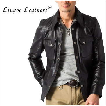 Liugoo Leathers 本革 レザーウエスタンシャツ メンズ リューグーレザーズ SHT02A レザーシャツ 本革シャツ 皮シャツ ウェスタンシャツ ドレスシャツ ライダースジャケット レザージャケット 革ジャン 皮ジャン ライディングジャケット バイク用 ライダースウェア 黒