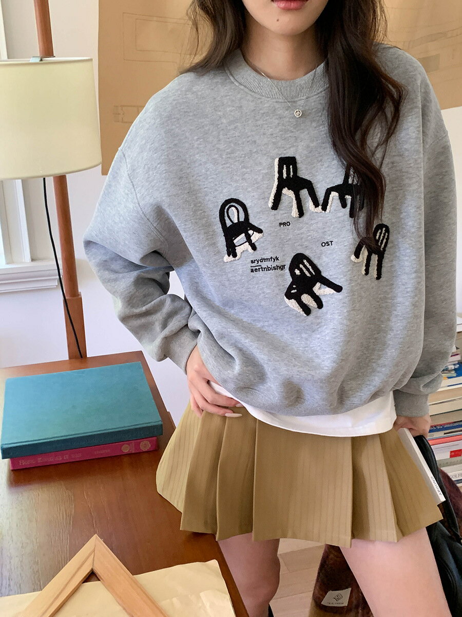 刺繍 トレーナー レディース 裏起毛 スウェット 長袖 ラウンドネック ゆったり シンプル カジュアル 灰..