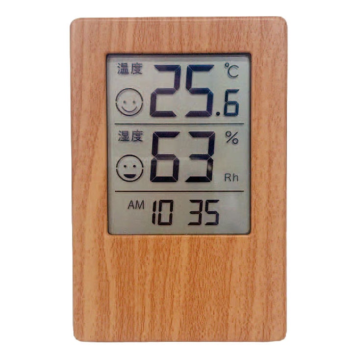 お部屋の状態が一目でわかる！木目調デジタル温湿度計 お部屋の温度と湿度を、顔マークでわかりやすくお知らせしてくれる便利なデジタル温湿度計です。温度は「低すぎる」「適温」「高すぎる」、湿度は「乾燥」「適湿」「じめじめ」の6パターンで表示されるので、熱中症や風邪の対策に役立ちます。裏面にはマグネットと折り畳みスタンド、壁掛け穴が付いているので、冷蔵庫に貼ったり、棚に置いたり、壁に掛けたりと、様々な場所に設置可能。時計表示も付いているので、リビングや寝室など、どんな場所でも活躍します。 ●サイズ/約幅6×奥行1.8×高さ9cm ●重さ/約68g ●素材/ABS樹脂 ●仕様/電源：単4形乾電池1本使用（作動確認用） ●備考/1年間保証書付き ●製造国/中国製