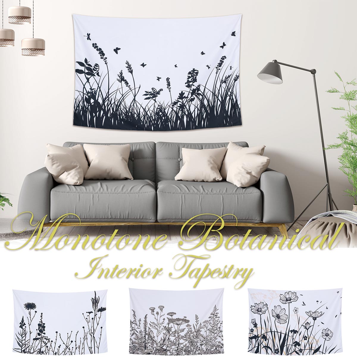 タペストリー ボタニカル 北欧 モノトーン 白黒 植物 インテリア おしゃれ ナチュラル シンプル ホワイト グリーン リーフ 大判 癒し 部屋 飾り 窓 背景布 ファブリックポスター インスタ映え 布 テレワーク ウォールステッカー zoom 映え