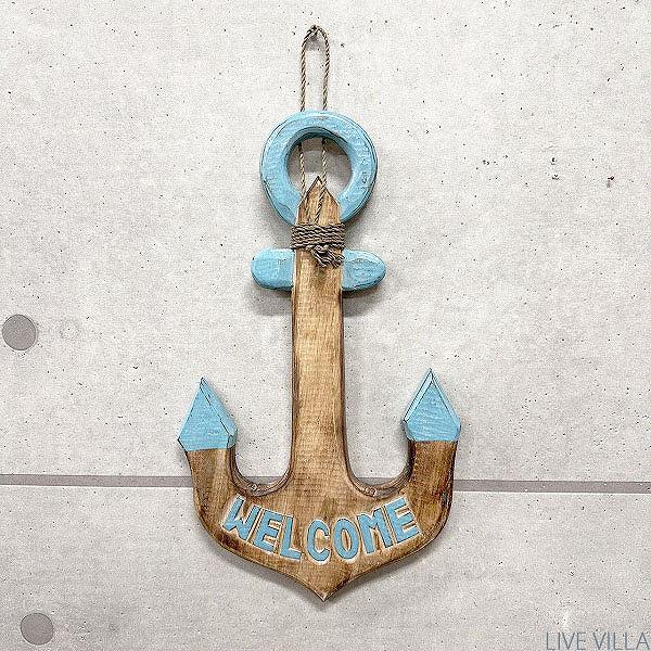 ウェルカム イカリ アンカー 壁掛け マリン インテリア ボード オブジェ ブルー