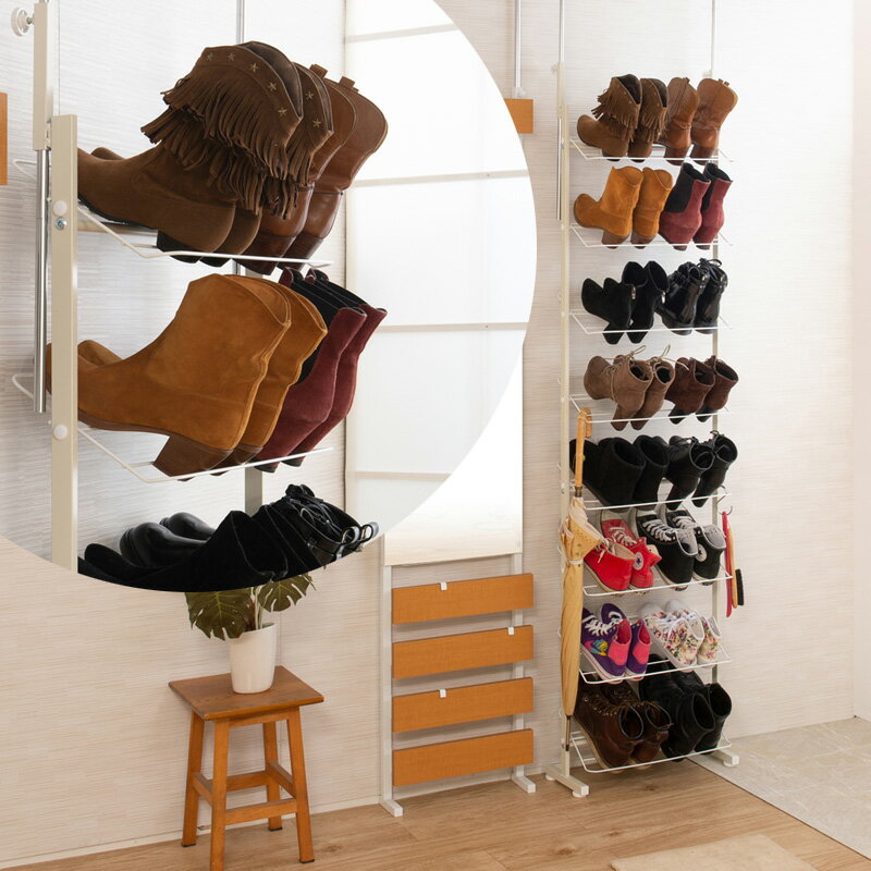 シューズラック 突っ張り ブーツ用 壁面 薄型 幅53cm ホワイト 靴収納 玄関 下駄箱 日本製【P10】【MK】