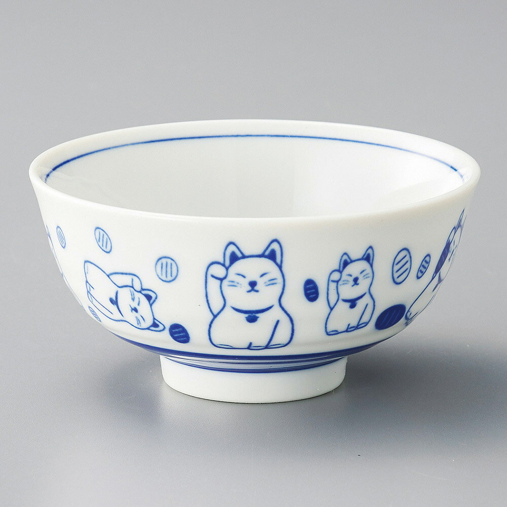美濃焼 茶碗 藍染　招き猫茶碗 11.5×