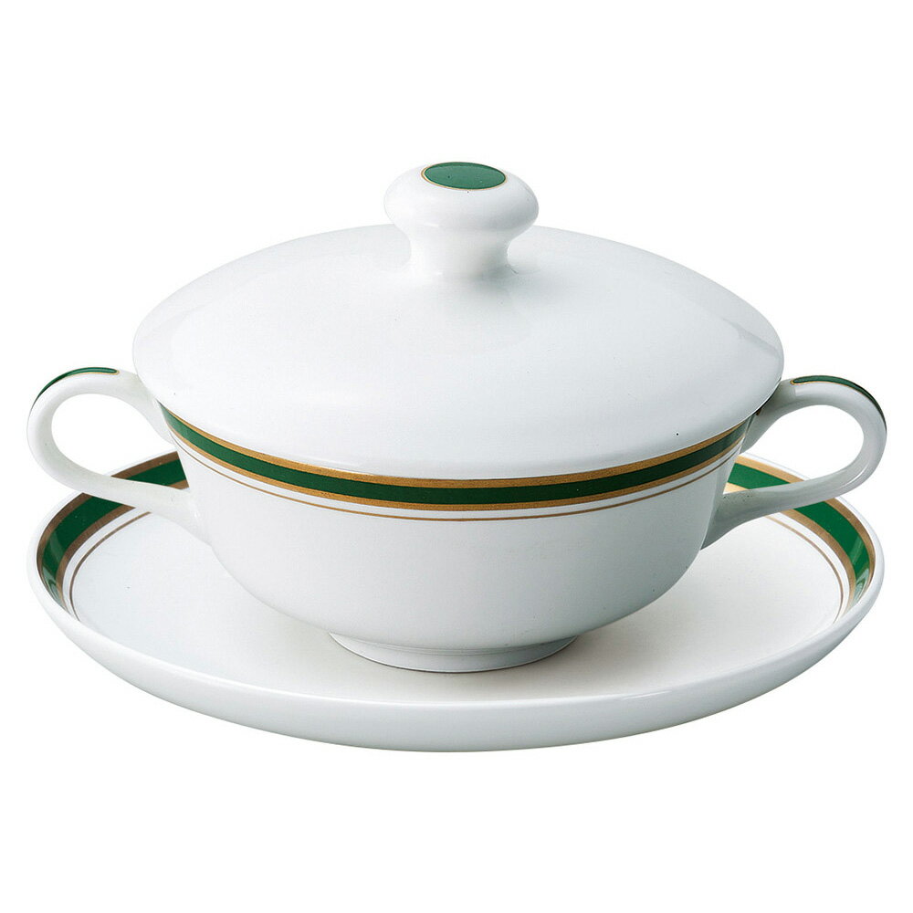 美濃焼 ディープグリン（最高級ボーンチャイナ） ディープグリン（最高級ボーンチャイナ）　蓋付両手スープ皿 15×1.8cm