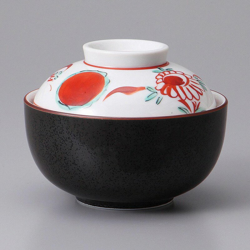 黒結晶赤絵花鳥煮物碗