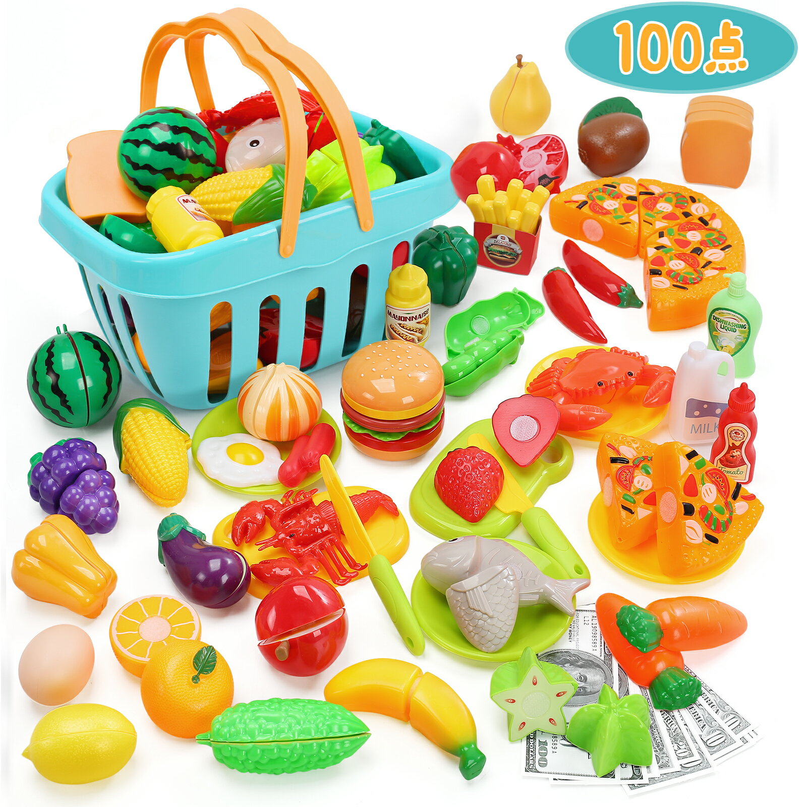 ままごとキッチン 100点セット おままごとセット おままごとおもちゃ フルーツ野菜 食材セット ハンバーグ おままごと 食材 おままごと手作り 子供キッチン 知育玩具 幼児プレゼント 収納バッグ付 玩具安全基準合格