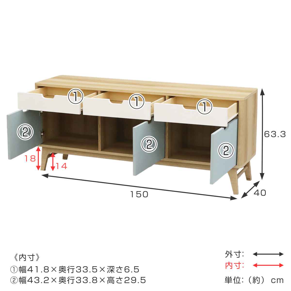 ローキャビネット 北欧風 引出し 3枚扉 幅150cm ( キャビネット 収納棚 棚 ラック テレビ台 収納 リビングボード ローボード 家具 リビング収納 北欧 チェスト ) [2]