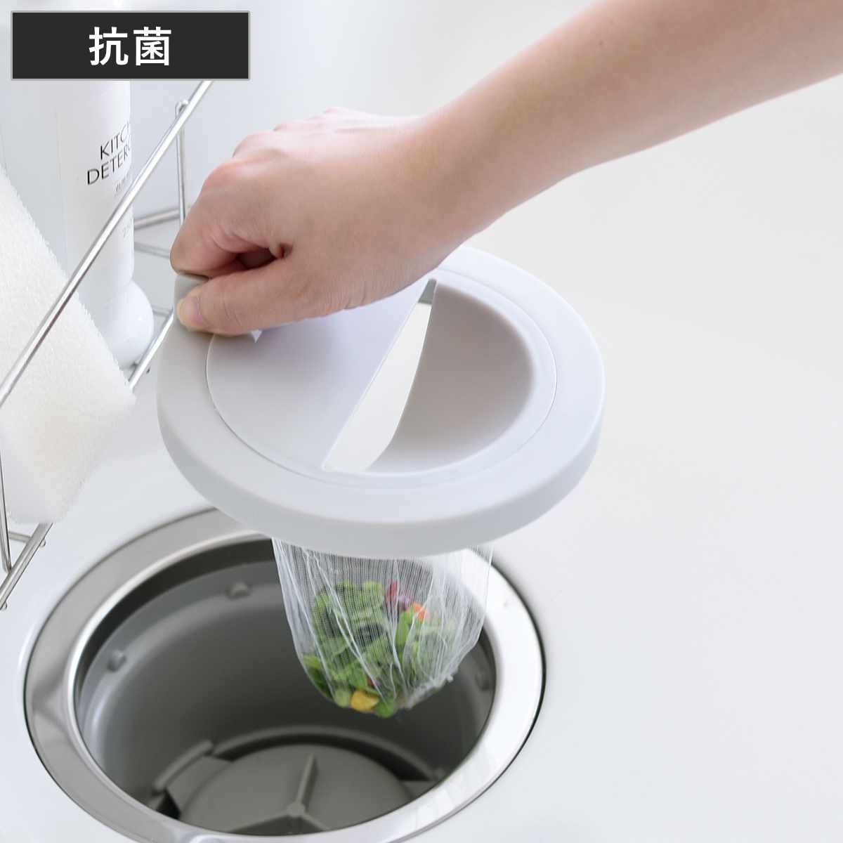 排水口カバー 触れネットカバー 抗菌 キッチン用 （ 水切りネットホルダー付き排水口カバー 水切りネットホルダー 排水口 キッチン シンク 水切りネット ストッキングタイプ 排水口ネット ゴミかご ホルダー ゴミ受け 生ゴミ ）