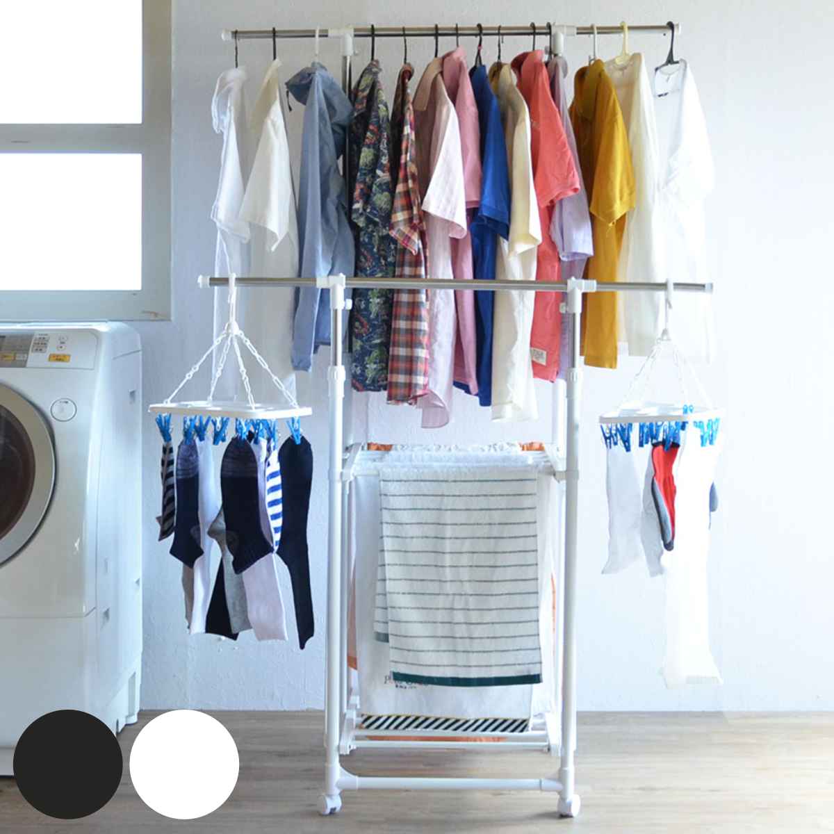 物干し 室内 コンパクト ワンタッチ収納洗濯物干しラック （ 洗濯物干し 室内物干し スタンド 伸縮 キャスター 物干しスタンド ステンレス ハンガーラック ブラック ホワイト ）