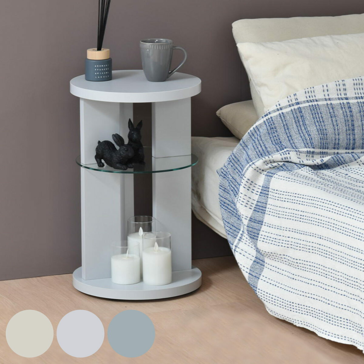 サイドテーブル 円型 ガラス棚板 ラウンド Noko （ ソファサイドテーブル キャスター付き 回転 360度 棚付き テーブル ソファサイド ベッドサイド 収納 直径34cm ソファテーブル コンパクト ミニテーブル おしゃれ ディスプレイ 本 ）