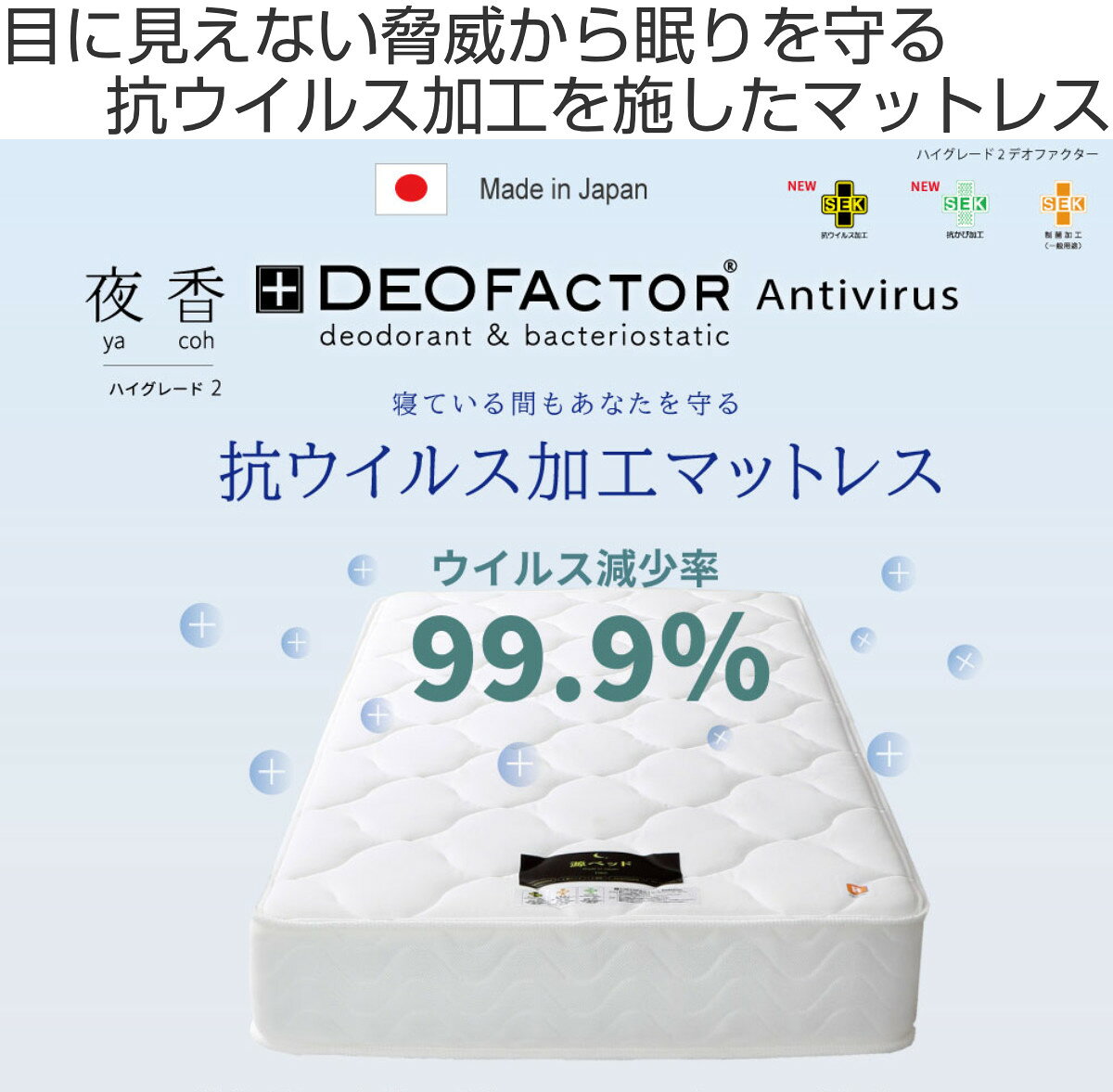 硬さの選べるマットレス セミシングル 抗ウイルス 夜香ハイグレード デオファクター ポケットコイル ブラック ( 体圧分散 抗カビ 抗菌 防臭 防ダニ ソフト 柔らかめ レギュラー 普通 ハード 硬め )