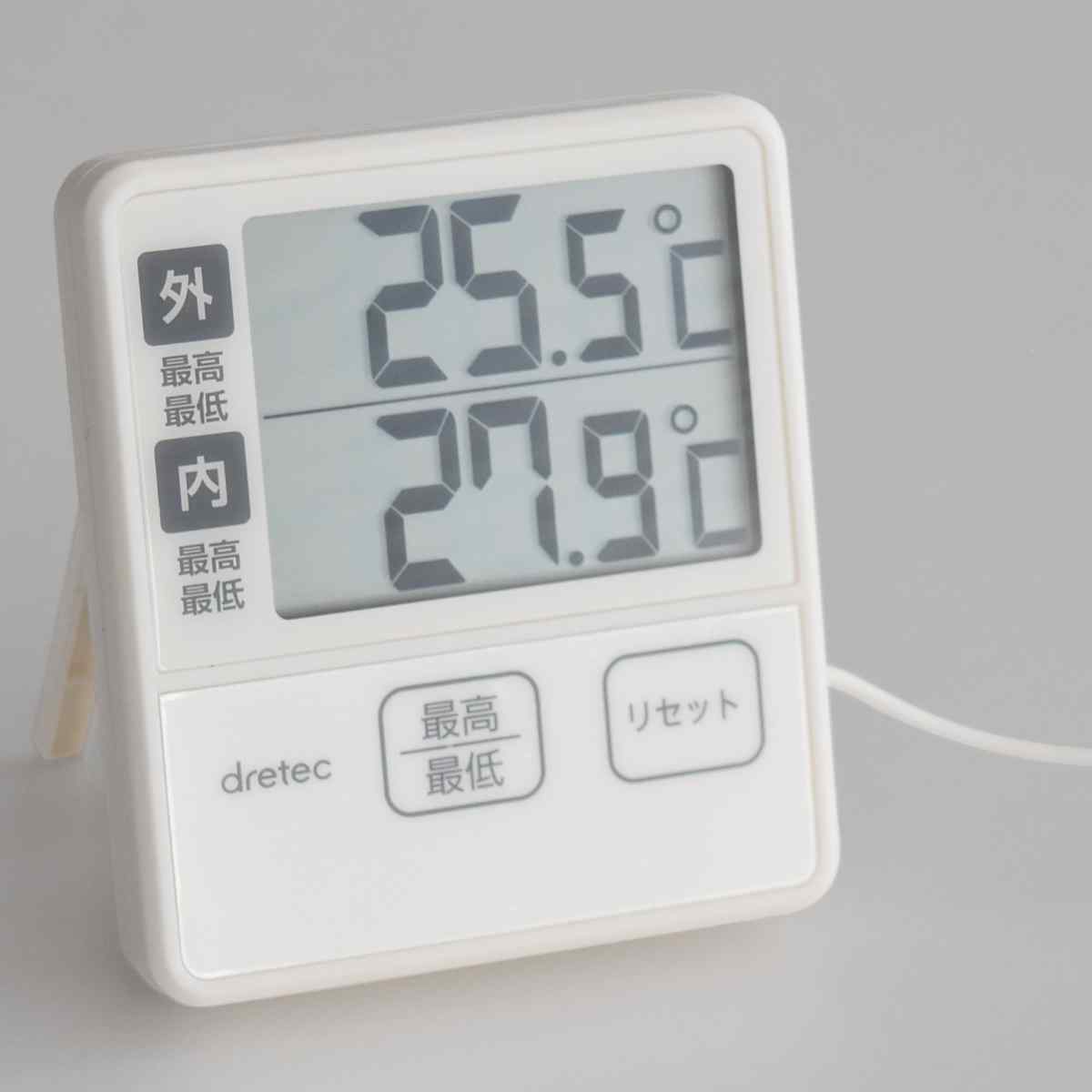 温度計 室内 室外 2箇所計測 ドリテック ( dretec デジタル温度計 水温計 外部センサー付き 電池式 最高 最低 マグネット 冷蔵庫 水槽 温度 測定器 デジタル 見やすい 温度管理 アクアリウム 観葉植物 温室 ) [2]