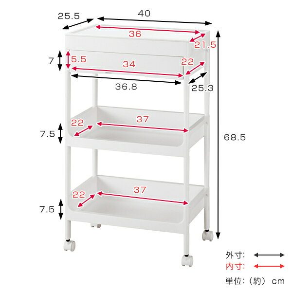 キッチンワゴン 3段 サージュワゴン 幅40cm 奥行26cm 高さ68.5cm （ サイドワゴン キッチンラック キッチン収納 三段 キャスター付き ストッカー 引き出し 収納 オープンラック 作業台 キッチン 天板 組立品 ） livingut-10139544 リビングート 楽天市場店 サンプル画像2