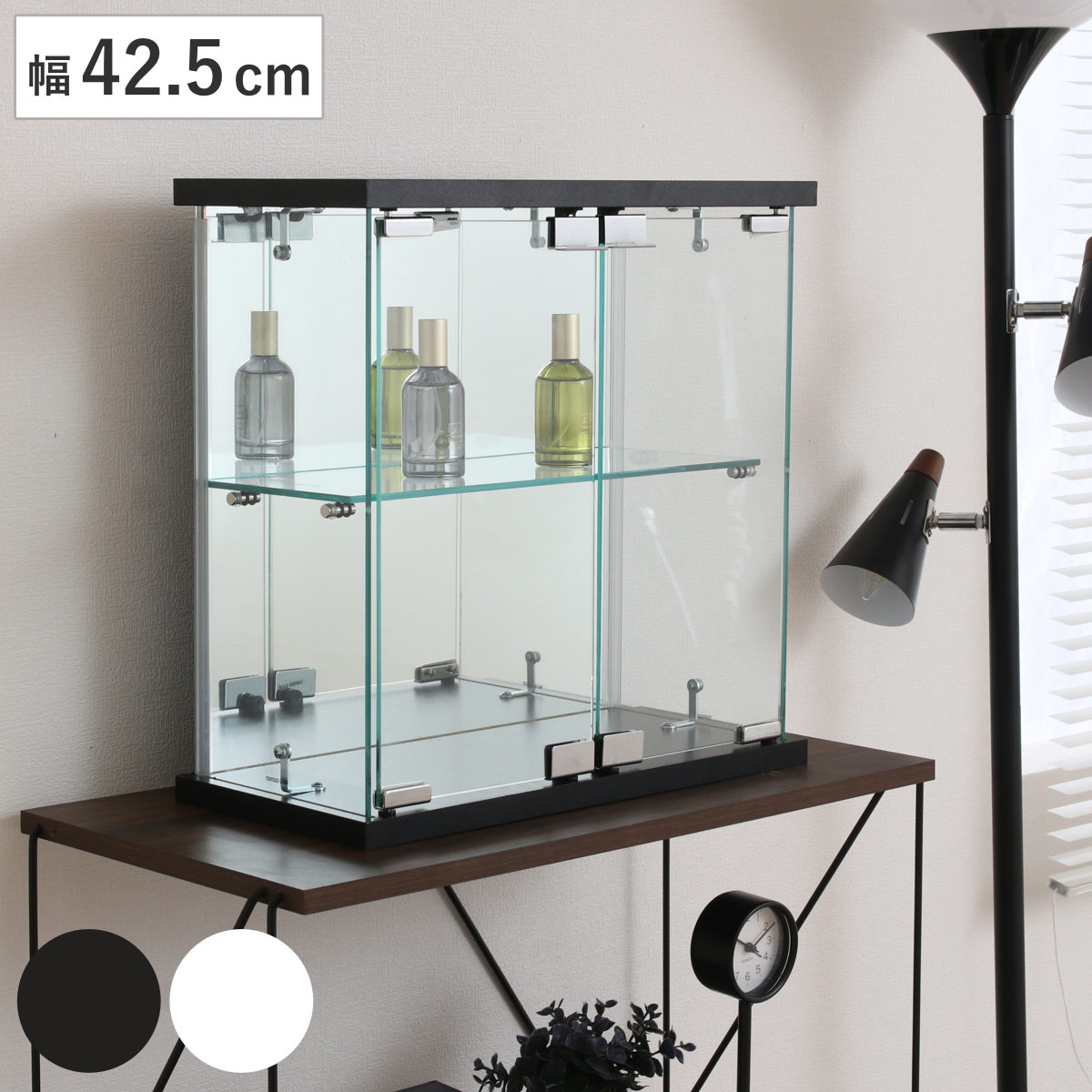 コレクションケース ガラス 幅42.5cm 背面ミラー （ 卓上 コレクション ラック 棚 ディスプレイ ガラス製 全面ガラス 棚上 収納 展示 フィギュアケース 見せる収納 ホワイト ブラック 白 黒 ）