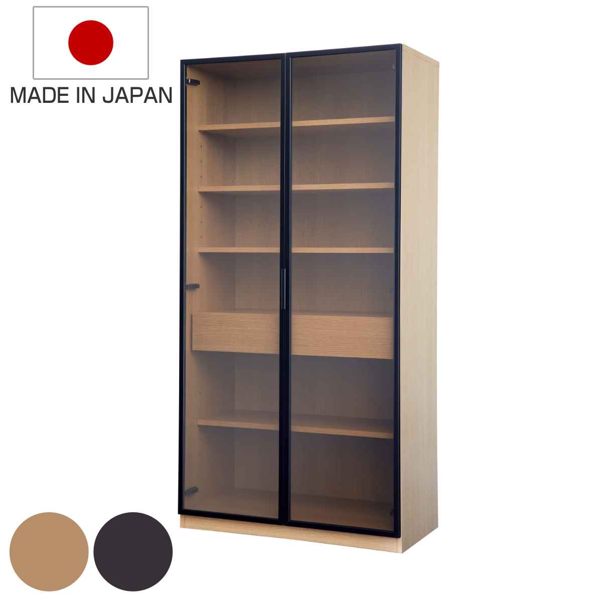 Rakuten - ガラスキャビネット ハイタイプ リビング収納 LOCKO 日本製 幅90cm （ 開梱設置 キャビネット 収納 家具 リビング 完成品 ディスプレイ 飾り棚 棚 ラック 引き出し 可動棚 シンプル ナチュラル ブラウン ）