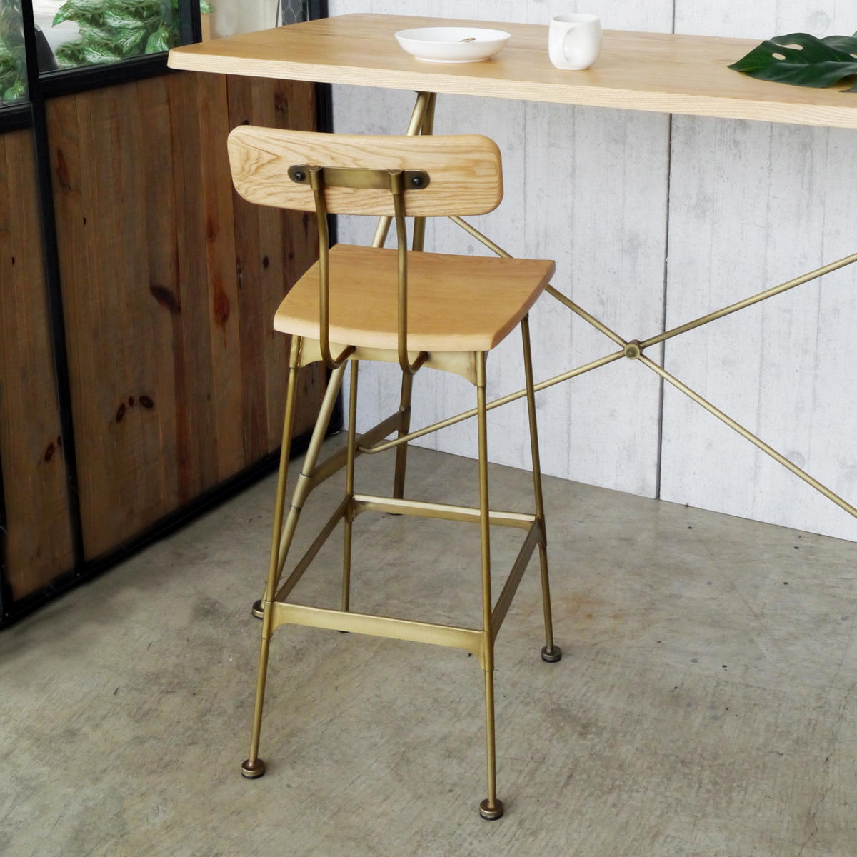 カウンタチェア 背もたれ付き 木製 2脚セット アンティーク調 ゴールドフレーム 座面高72cm （ ハイチェア バーチェア チェア 椅子 2個 セット アッシュ 無垢材 木目 完成品 ）