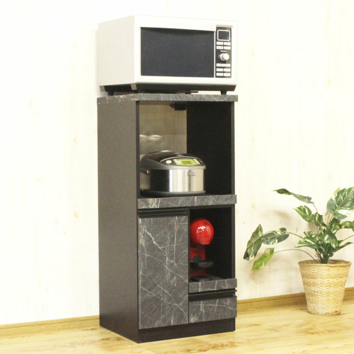 レンジ台 スライドカウンター 扉付 コンパクト 石目調 幅48cm （ 送料無料 キッチンラック キ