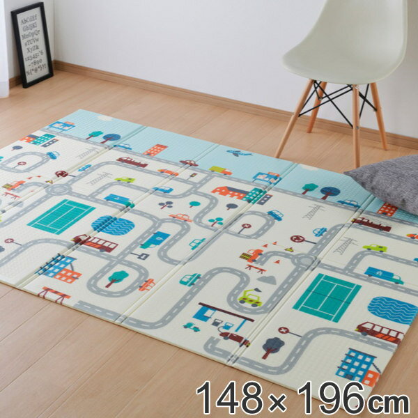 クッションプレイマット エクスロード CT折 148×196cm （ 送料無料 プレイマット 折りたたみ ベビーマット キッズマット 撥水 リバーシブル 両面 クッション性 おむつ替え 木目調 道路柄 子ども部屋 アウトドア ）