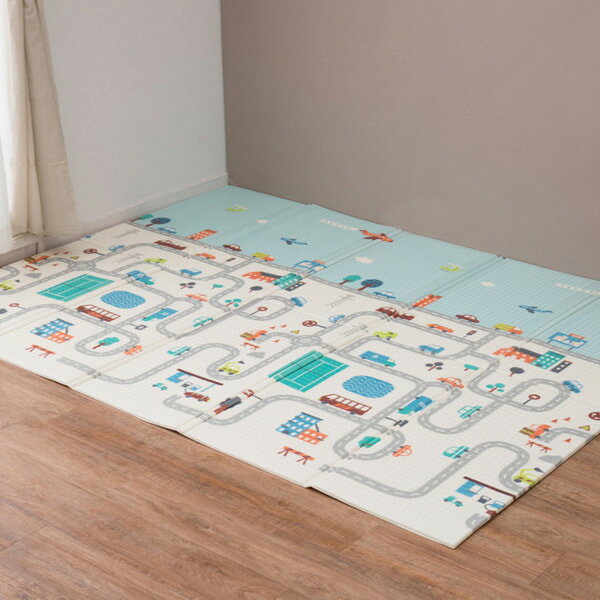 クッションプレイマット エクスロード CT折 148×196cm ( プレイマット 折りたたみ ベビーマット キッズマット 撥水 リバーシブル 両面 クッション性 おむつ替え 木目調 道路柄 子ども部屋 アウトドア ) [3]