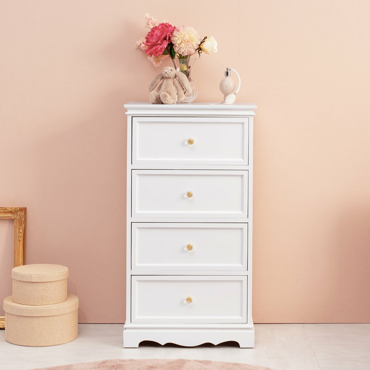 チェスト 4段 クリスタル取っ手 幅50cm （ 送料無料 白家具 収納 引き出し シャビー 桐製 木製 軽量 完..