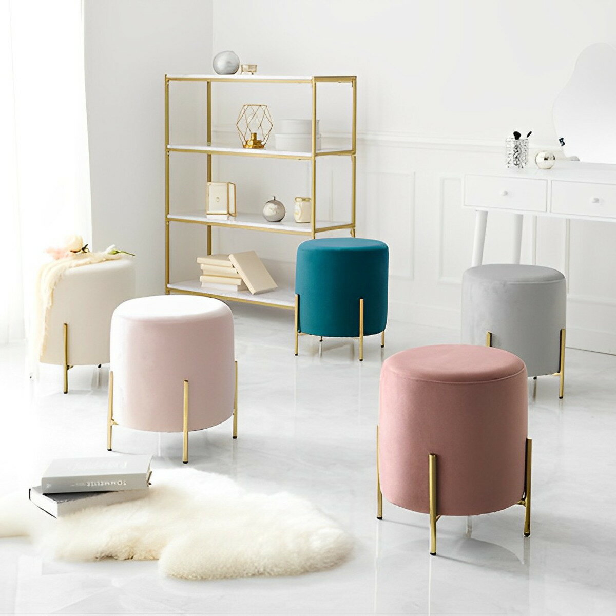 スツール 座面高42.5cm ベロア調 スタッキング （ オットマン チェア いす 円形 丸 椅子 ドレッサーチ..