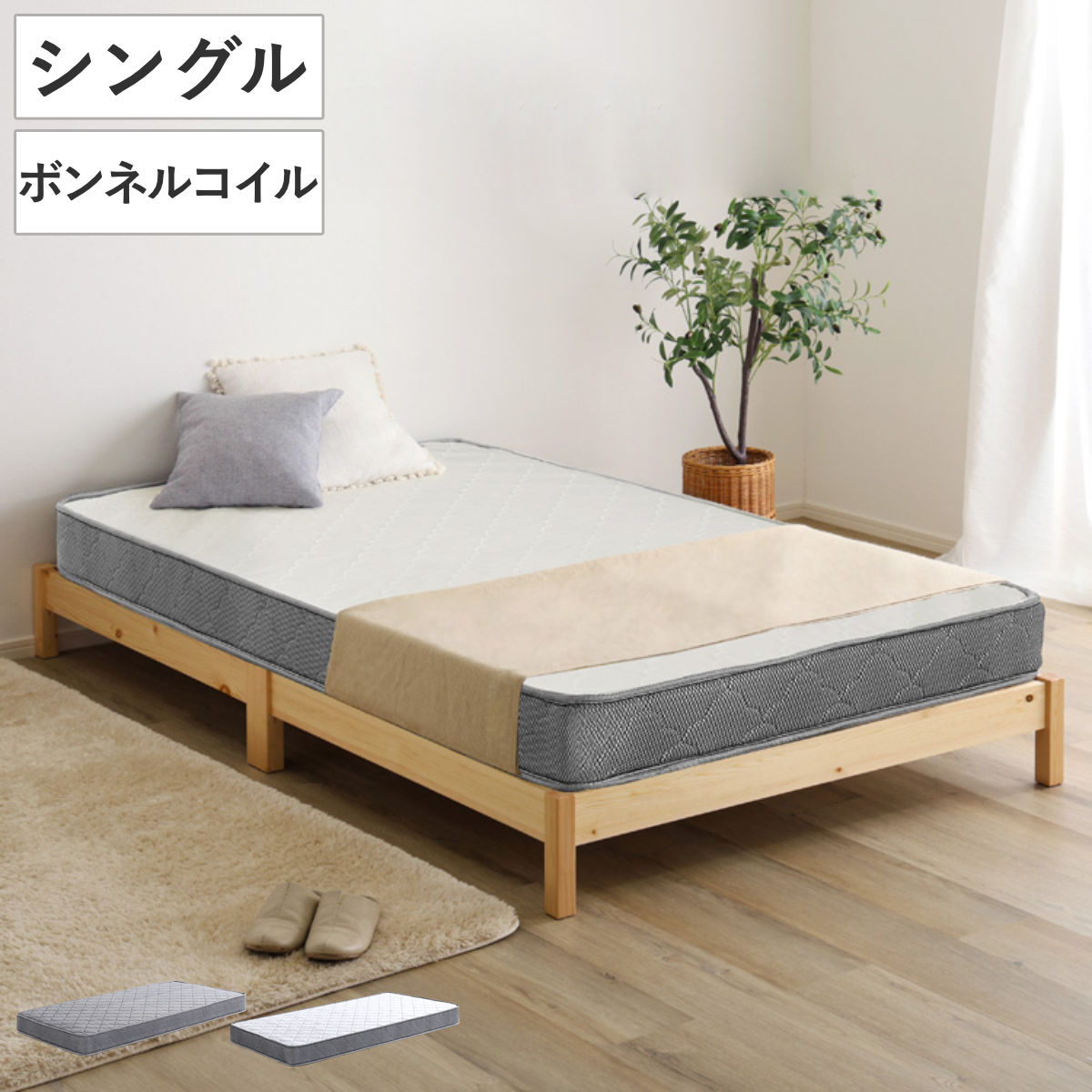 組立簡単ベッド シングル ボンネルコイルマットレス付き （ ベッド 組立簡単 天然...