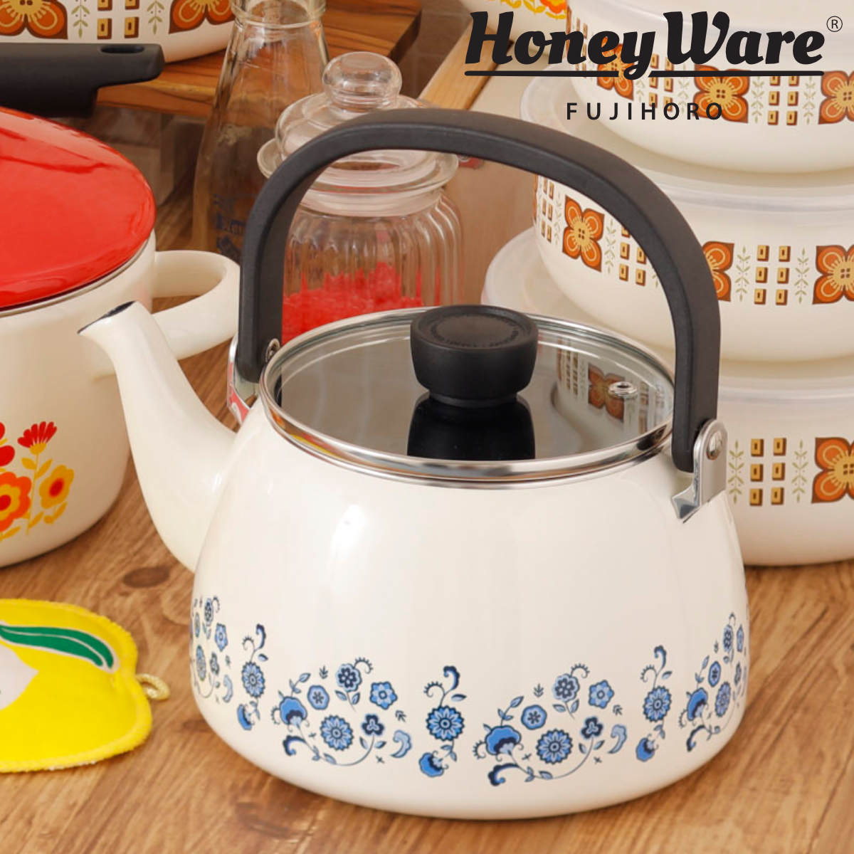 やかん 2.5L IH対応 メモリーズ ブルーフラワー ケトル （ 送料無料 ガス火 IH 対応 ヤカン ホーローケトル ガラス蓋 琺瑯ケトル ティーケトル ポット レトロ かわいい 花柄 ほうろう 琺瑯 ホーロー製 調理道具 ）のサムネイル