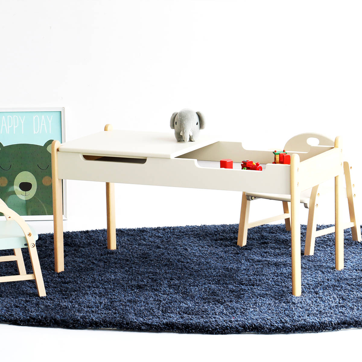 キッズテーブル 幅86.2cm プレイテーブル （ キッズ テーブル デスク 机 収納付き 子供 子ども リビング学習 木製 天然木 フェルト 静音対策 傷防止 キッズデスク ブロック 積み木 ごっこ遊び 勉強 お絵描き リビング おしゃれ 北欧 ）