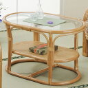 ラタンテーブル 楕円形 ガラス天板 ローテーブル 棚付 籐家具 幅75cm ( 送料無料 センターテーブル アジアン ラタン家具 )