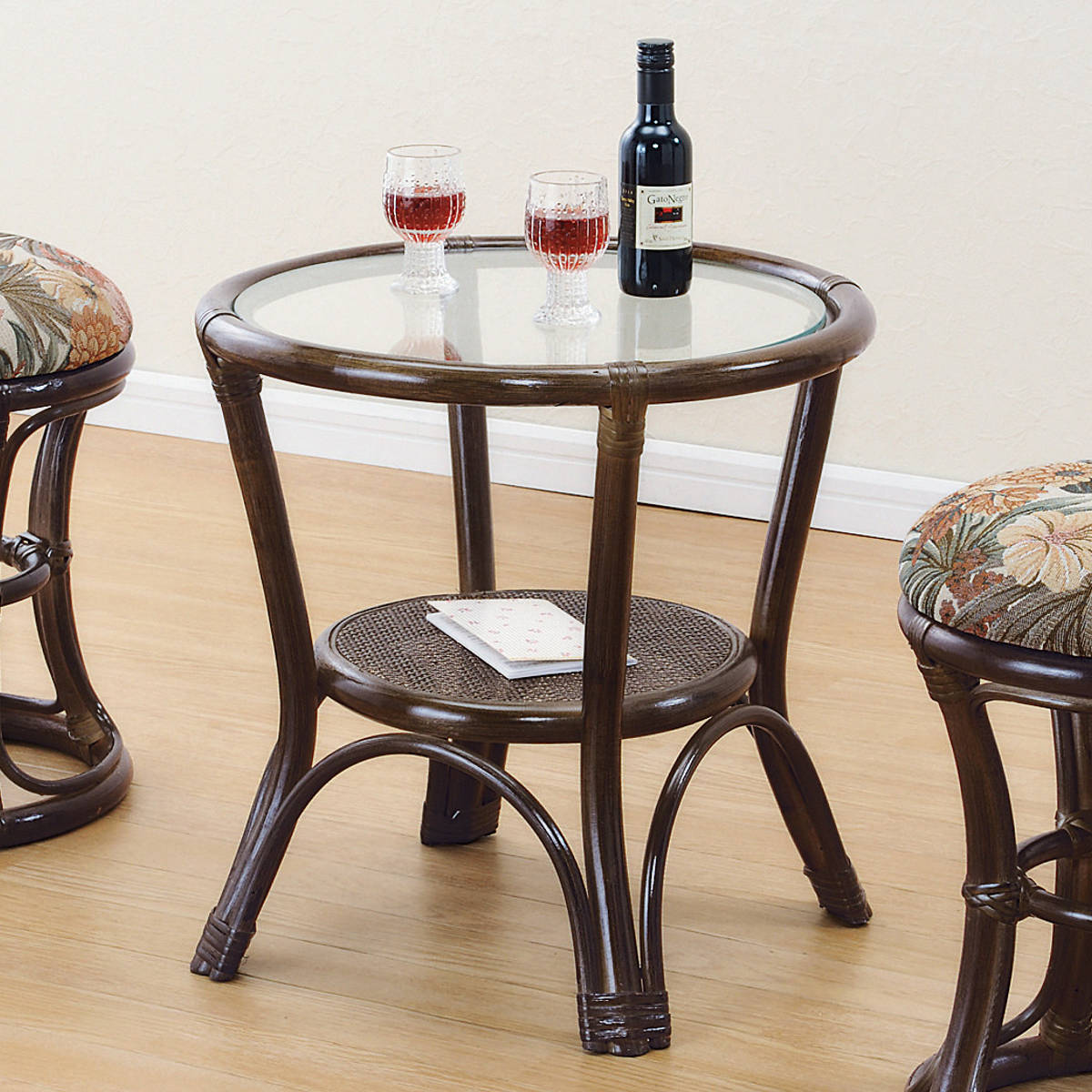 籐 円型テーブル ガラス天板 棚付 直径45cm ( 送料無料 カフェテーブル テーブル 机 アジアン 籐家具 ラタン製 センターテーブル コーヒーテーブル 籐...