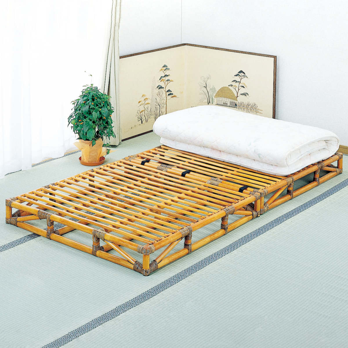 籐 すのこベッド 軽量 シングルサイズ 籐枕付き （ 送料無料 家具 ベッド 籐家具 ラタン家具 寝具 ベッ..