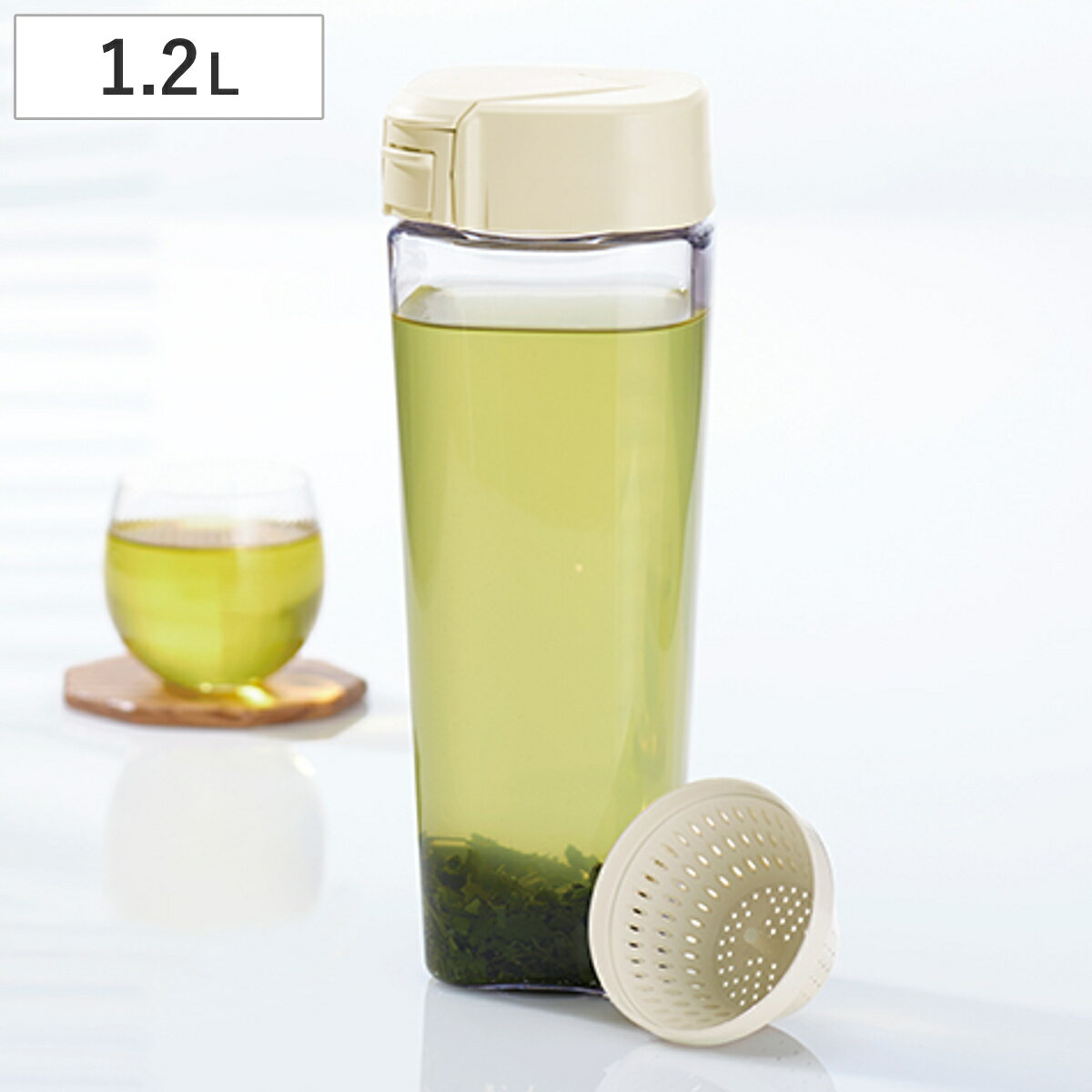 冷水筒 1.2L タテヨコ茶こし付シームレスピッチャー （ スリム ピッチャー 日本製 ワンプッシュ パッキン一体型 横置き 熱湯OK 洗いやすい 縦置き 一体型 ロック付き 防汚加工 茶こし付き ハンドルなし ）